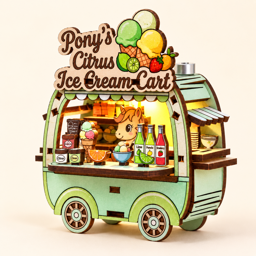 DIY-Miniaturmodellbausatz „Ponys Zitrus-Eiswagen“