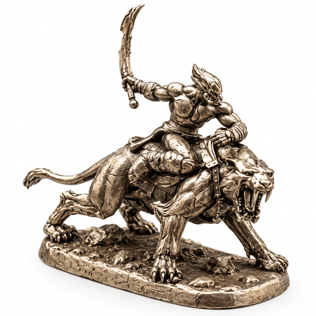 Barbarian Beast Rider with Sword – White Brass Miniature