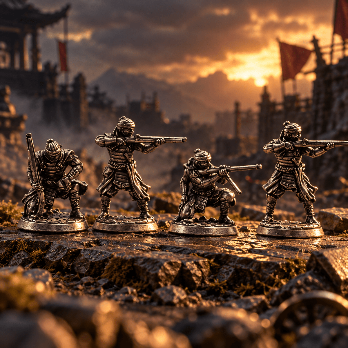 Japanese Shogunate Matchlock Soldiers – Set of 4 Miniature Figures